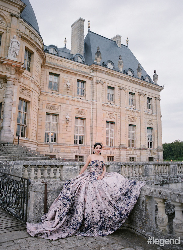 Carmen Yim wears lilac and violet jacquard gown by Kev Yiu 