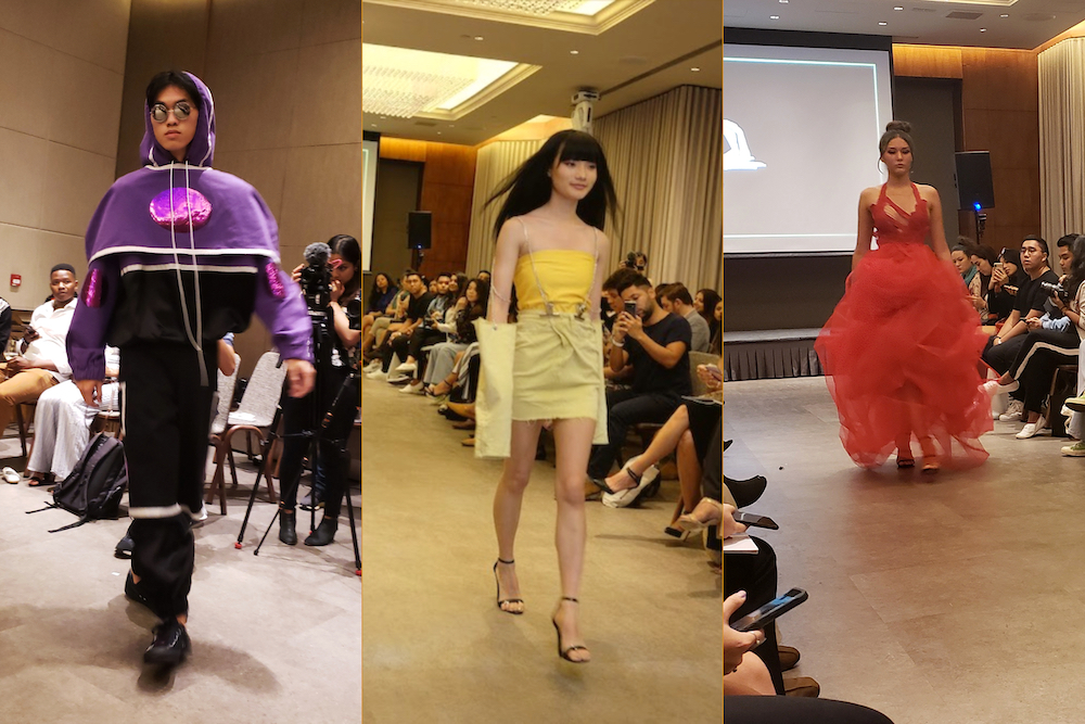 Models from left to right: David for Julia Horvath, Bhumika for Natasha Wang (picture courtesy of Harmony HK), Santia for TP- Design Couture