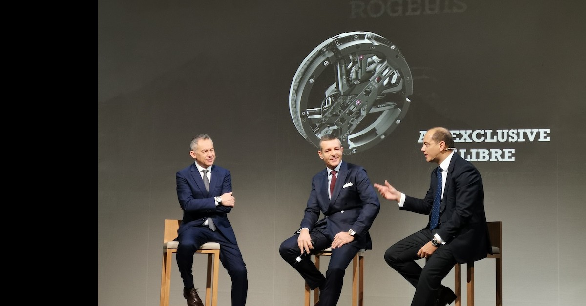Left to right: CTO of Automobili Lamborghini Maurizio Reggiani, CEO of Roger Dubuis Nicolas Andreatta and Moderator