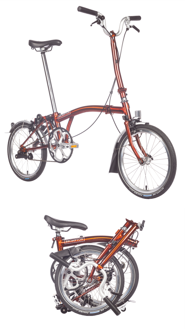 Brompton's foldable bike in Flame Lacquer (pictures courtesy of Brompton)