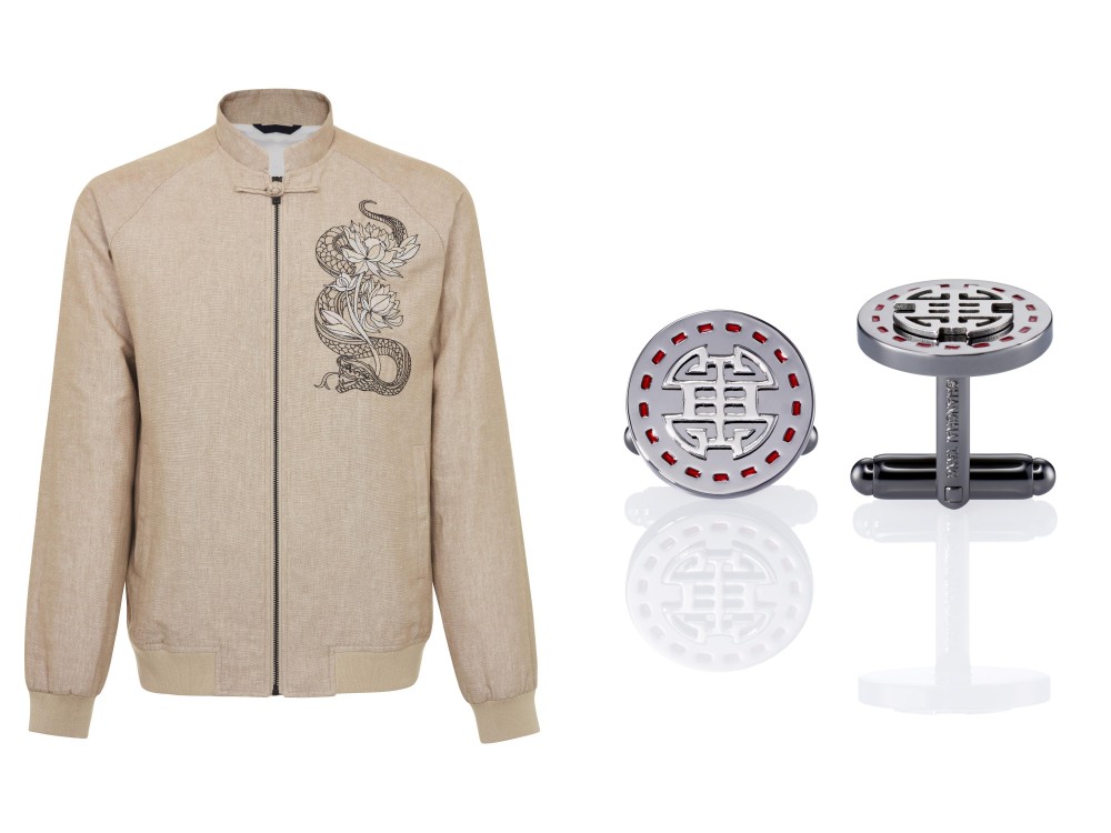 Shanghai Tang's Zip up Bomber Jacket with Snake and Tiger Embroidery (right) and Stamp Shou Cufflinks (left) (pictures courtesy of Shanghai Tang)