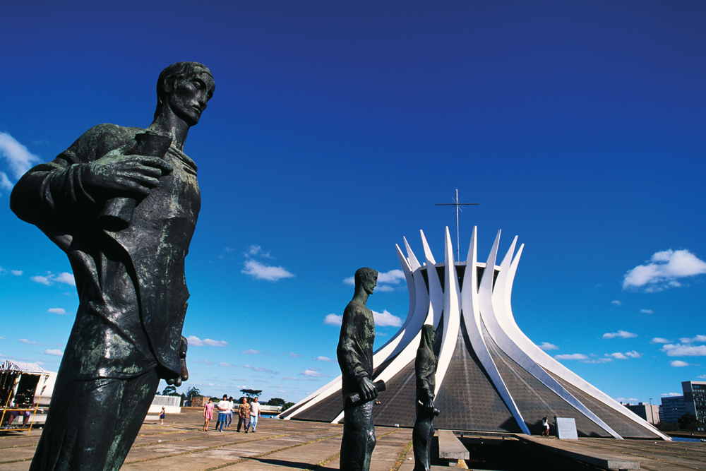 Statues of the Four Evangelists stand guard at the Cathedral of Brasilia (Credit: Corbis/Imaginechina)